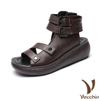 【VECCHIO】涼鞋 厚底涼鞋/真皮個性V字線條雙皮帶釦造型厚底涼鞋 棕
