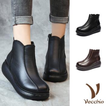【VECCHIO】短靴 厚底短靴/真皮立體車線拼接復古花型靴口厚底短靴 (2色任選)