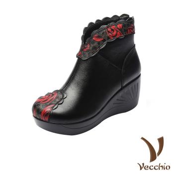 【VECCHIO】短靴 坡跟短靴/真皮復古玫瑰印花拼接寬楦坡跟休閒短靴 黑