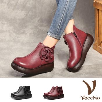 【VECCHIO】短靴 厚底短靴/真皮復古優雅立體花朵造型厚底短靴 (2色任選)