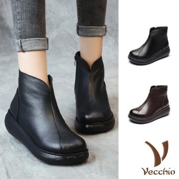 【VECCHIO】短靴 厚底短靴/真皮經典寬楦折線復古厚底短靴 (2色任選)