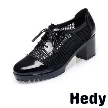 【HEDY】馬丁鞋 高跟馬丁鞋/時尚亮漆皮網紗拼接繫帶高跟馬丁鞋 黑