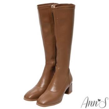 Ann’S有彈性的全素面粗跟及膝長靴-棕
