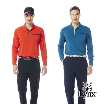 【Lynx Golf】男款遠紅外線功能保暖印花門襟造型胸袋設計長袖POLO衫(三色)
