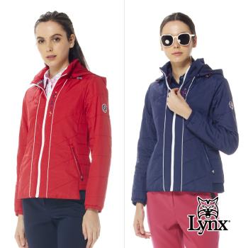 【Lynx Golf】女款保暖舒適針織布剪裁假兩件式設計星球系列織標長袖可拆式連帽外套(二色)