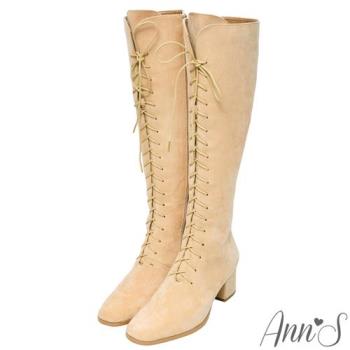 Ann’S波西都會風景-防水絨布綁帶粗跟及膝長靴-米(版型偏小)