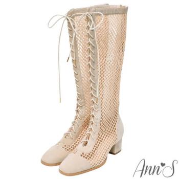 Ann’S狩獵風格-異材質拼接絨質網狀綁帶長靴-杏
