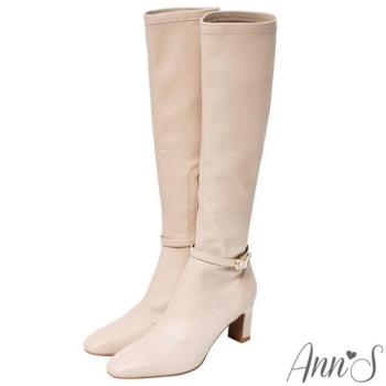 Ann’S精緻美感窄版-彈力羊紋可拆繫帶兩穿扁跟及膝長靴-杏灰