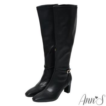 Ann’S精緻美感寬版-彈力羊紋可拆繫帶兩穿扁跟及膝長靴-黑