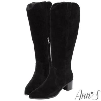 Ann’S寬版防水絨布-超修身V口顯瘦粗跟西部及膝長靴-黑