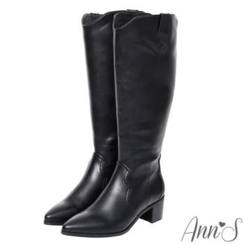 Ann’S寬版復古皮革-超修身V口顯瘦粗跟西部及膝長靴-黑