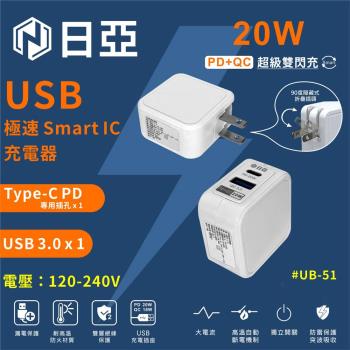 【日亞】UB-51智慧型PD20W Type-C+QC3.0極速USB充電器(新安規 雙快充Iphone全電壓)