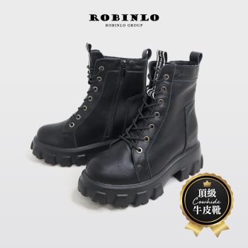 Robinlo酷感有型全真皮鬆糕厚底機車靴EDRIC-極簡黑