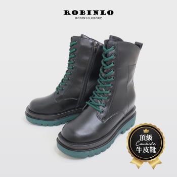 Robinlo獨特焦點撞色全真皮綁帶中筒馬汀靴FARON-極簡黑