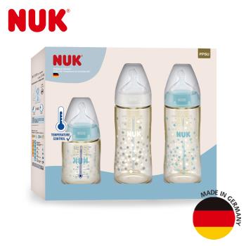 德國NUK-新生兒PPSU感溫奶瓶禮盒組(寬口徑PPSU感溫奶瓶300ml+150ml+矽膠奶嘴)