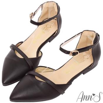 Ann’S柔美心動-造型斜帶顯瘦繞踝尖頭平底鞋-黑