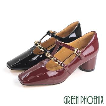 GREEN PHOENIX 女 高跟鞋 粗跟鞋 瑪莉珍 鍊條 牛漆皮 方頭U21-22503