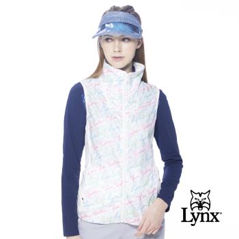 【Lynx Golf】女款滿版LYNX英文草寫字樣印花剪裁配布設計無袖背心(二色)