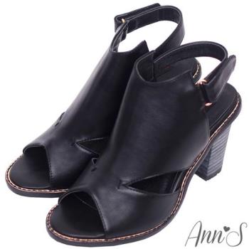 Ann’S時髦達人-後空靴型魚口粗跟涼鞋-黑