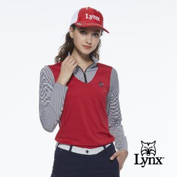 【Lynx Golf】女款合身款假兩件式條紋配布長袖立領POLO衫(二色)