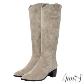 Ann’S窄版防水絨布-超修身V口顯瘦粗跟西部及膝長靴-杏
