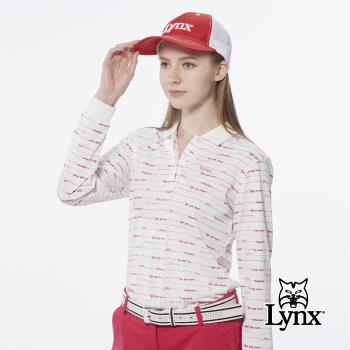 【Lynx Golf】女款吸濕排汗曲線英文字樣印花長袖POLO衫/高爾夫球衫-白色