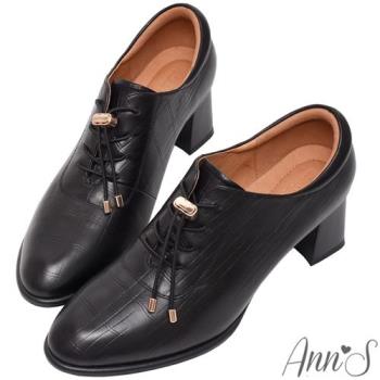 Ann’S免綁鞋帶!顯瘦楦型牛皮全真皮粗跟踝靴5.5cm-黑