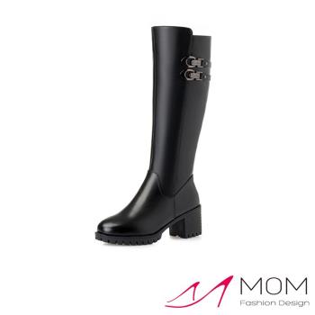 【MOM】長靴 粗跟長靴/真皮流行雙釦飾保暖絨裡個性粗跟長靴 黑