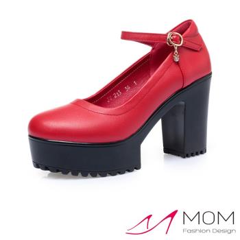 【MOM】跟鞋 粗跟鞋/真皮淺口防水台一字繫帶粗跟鞋 B款 紅色10CM高