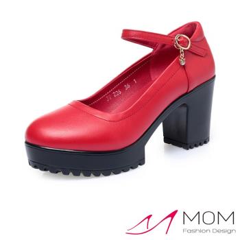 【MOM】跟鞋 粗跟鞋/真皮淺口防水台一字繫帶粗跟鞋 E款 紅色8CM高