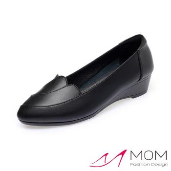 【MOM】跟鞋 坡跟鞋/真皮小尖頭流線花邊鞋口舒適坡跟鞋 黑