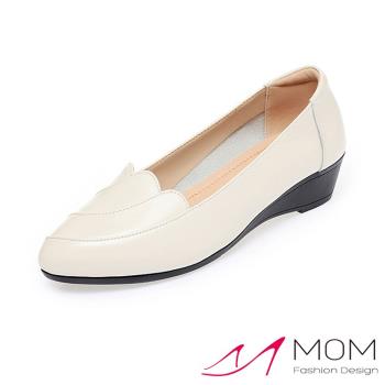 【MOM】跟鞋 坡跟鞋/真皮小尖頭流線花邊鞋口舒適坡跟鞋 米