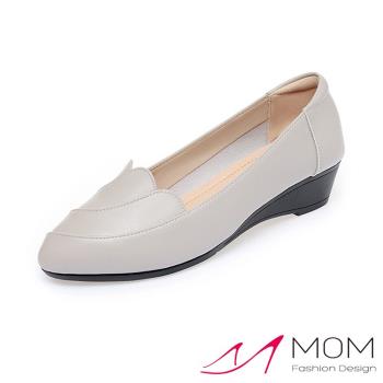 【MOM】跟鞋 坡跟鞋/真皮小尖頭流線花邊鞋口舒適坡跟鞋 灰