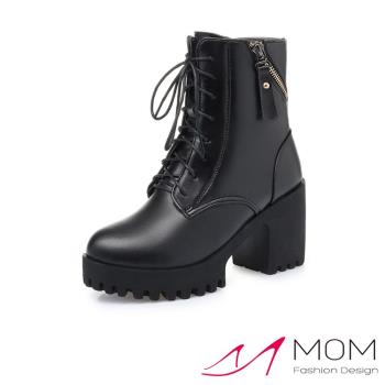 【MOM】馬丁靴 粗跟馬丁靴/真皮保暖機能個性防水台繫帶造型粗跟馬丁靴 黑