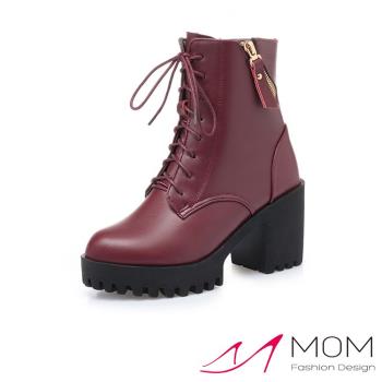 【MOM】馬丁靴 粗跟馬丁靴/真皮保暖機能個性防水台繫帶造型粗跟馬丁靴 酒紅