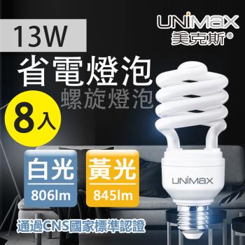 【美克斯UNIMAX】13W 螺旋省電燈泡 E27 節能 省電-8入組