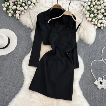 時尚高腰短款西裝外套吊帶連衣裙(兩件套裝)黑色
