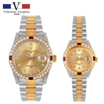 【Valentino Coupeau】四方紅鑽內白鑽金銀不鏽鋼殼帶手錶 范倫鐵諾 古柏