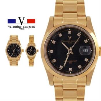 【Valentino Coupeau】黑面晶鑽簡約金帶不鏽鋼殼帶男女手錶 范倫鐵諾 古柏
