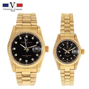【Valentino Coupeau】黑面晶鑽全金不鏽鋼殼帶男女手錶 范倫鐵諾 古柏