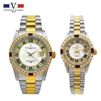 【Valentino Coupeau】四方紅鑽羅馬數字金銀不鏽鋼殼帶男女款手錶 范倫鐵諾 古柏