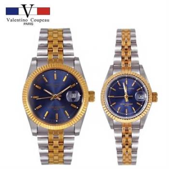 【Valentino Coupeau】藍面細針雙色帶不鏽鋼殼帶男女手錶 范倫鐵諾 古柏