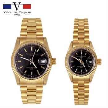 【Valentino Coupeau】金帶黑面細針不鏽鋼殼帶男女手錶 范倫鐵諾 古柏