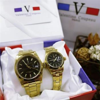 【Valentino Coupeau】黑面金針簡約金帶不鏽鋼殼帶男女手錶 范倫鐵諾 古柏     