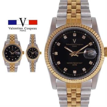 【Valentino Coupeau】蠔式黑面晶鑽金銀不鏽鋼男女手錶 范倫鐵諾 古柏