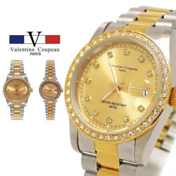 【Valentino Coupeau】雅緻滿鑽外圈金銀不鏽鋼殼帶男女款手錶 范倫鐵諾 古柏