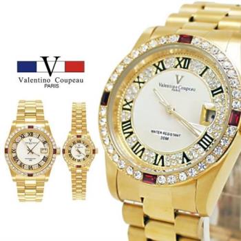【Valentino Coupeau】四邊鑽羅馬數字全金不鏽鋼殼帶男女款手錶 范倫鐵諾 古柏