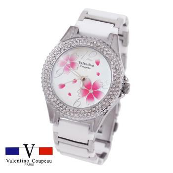 【Valentino Coupeau】櫻花紛飛晶鑽框陶瓷+不鏽鋼帶女錶 范倫鐵諾 古柏
