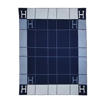 Hermes 愛馬仕Avalon III H方格直紋羊毛絨毯(淺米/藍)