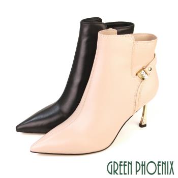 GREEN PHOENIX 女 踝靴 短靴 鑽 皮帶釦 小牛皮 全真皮 側拉鍊 尖頭 細跟 高跟 U21-22508